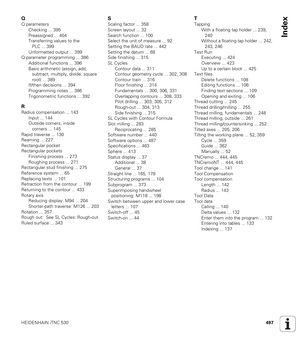 Index | HEIDENHAIN iTNC 530 (340 420) ISO programming User Manual | Page 497 / 505
