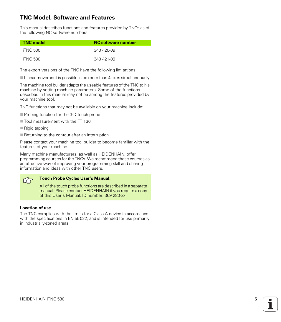 Tnc model, software and features | HEIDENHAIN iTNC 530 (340 420) ISO programming User Manual | Page 5 / 505