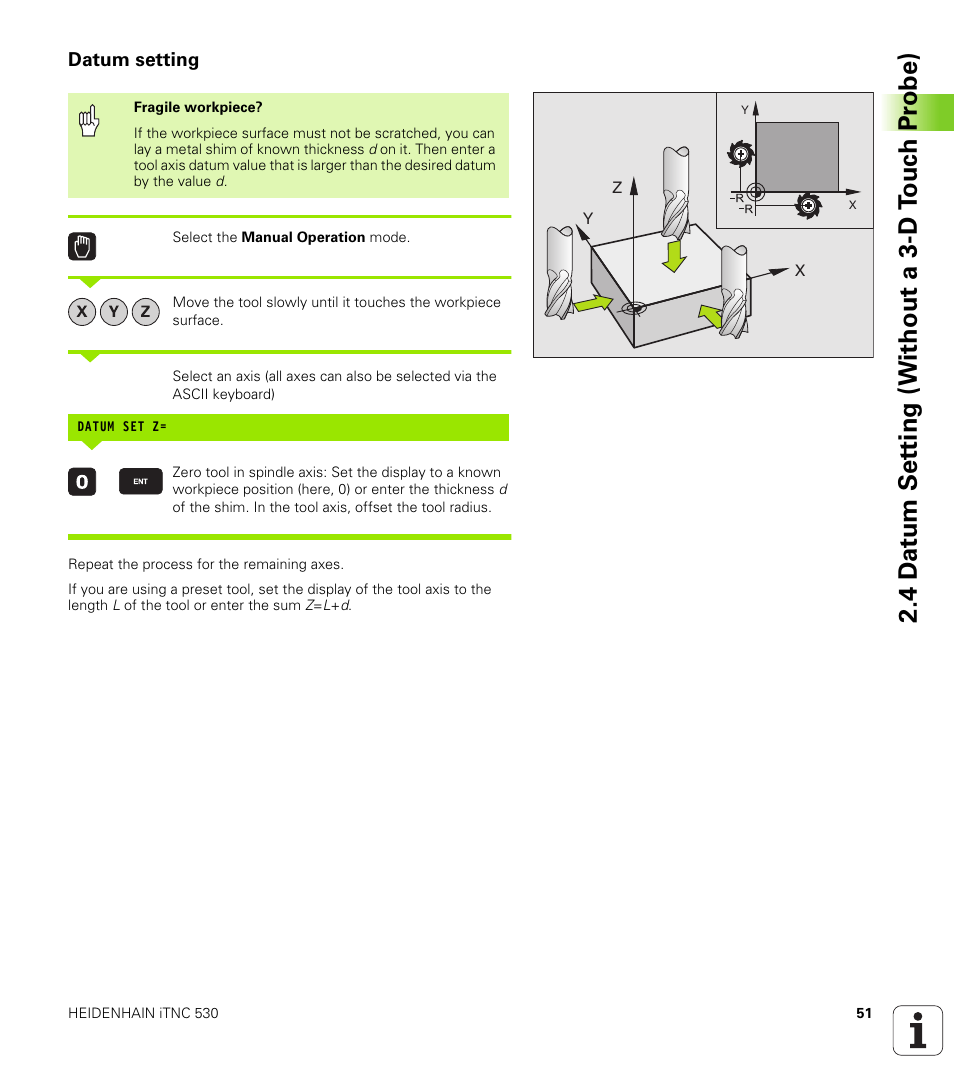 Datum setting | HEIDENHAIN iTNC 530 (340 420) ISO programming User Manual | Page 51 / 505