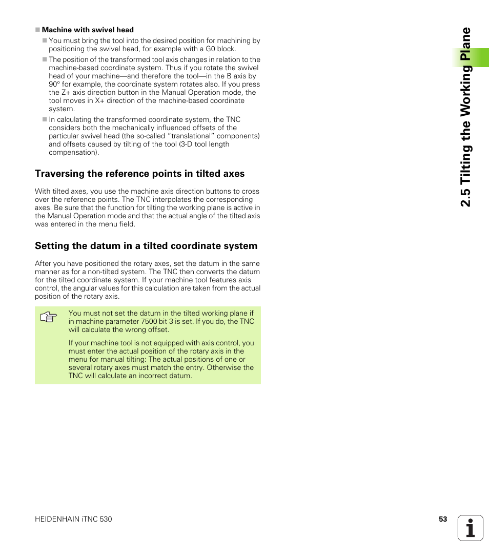 Traversing the reference points in tilted axes, Setting the datum in a tilted coordinate system, 5 tilting the w o rk ing plane | HEIDENHAIN iTNC 530 (340 420) ISO programming User Manual | Page 53 / 505