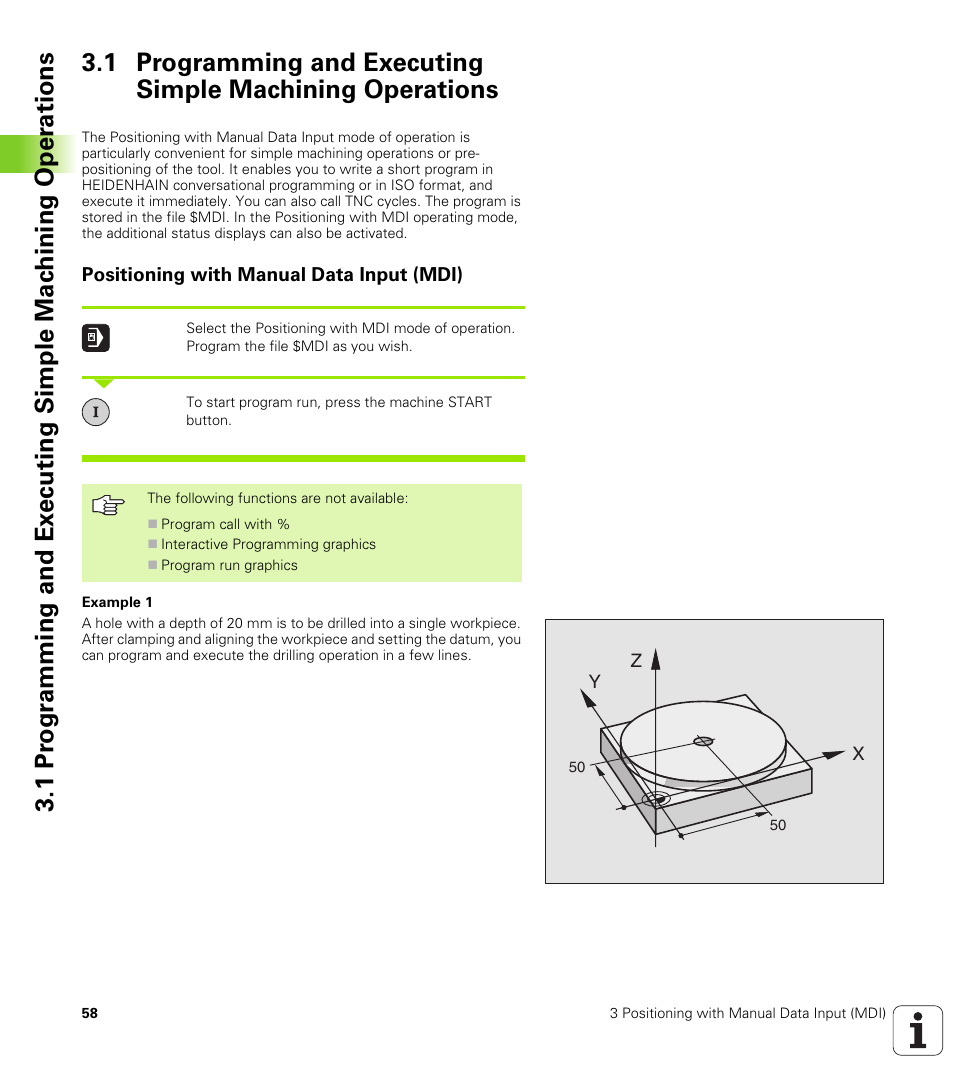 Positioning with manual data input (mdi) | HEIDENHAIN iTNC 530 (340 420) ISO programming User Manual | Page 58 / 505