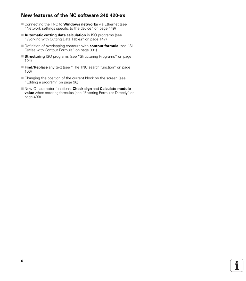 New features of the nc software 340 420-xx | HEIDENHAIN iTNC 530 (340 420) ISO programming User Manual | Page 6 / 505