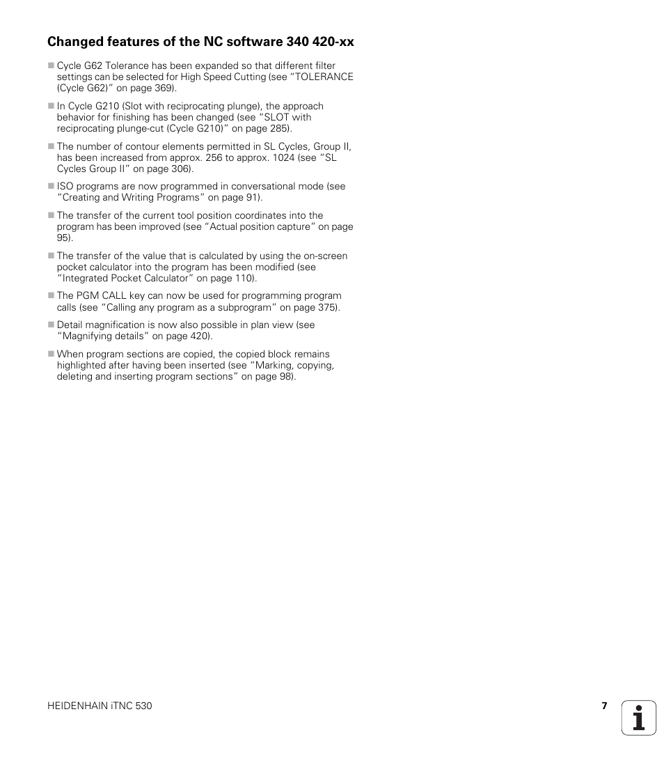 Changed features of the nc software 340 420-xx | HEIDENHAIN iTNC 530 (340 420) ISO programming User Manual | Page 7 / 505