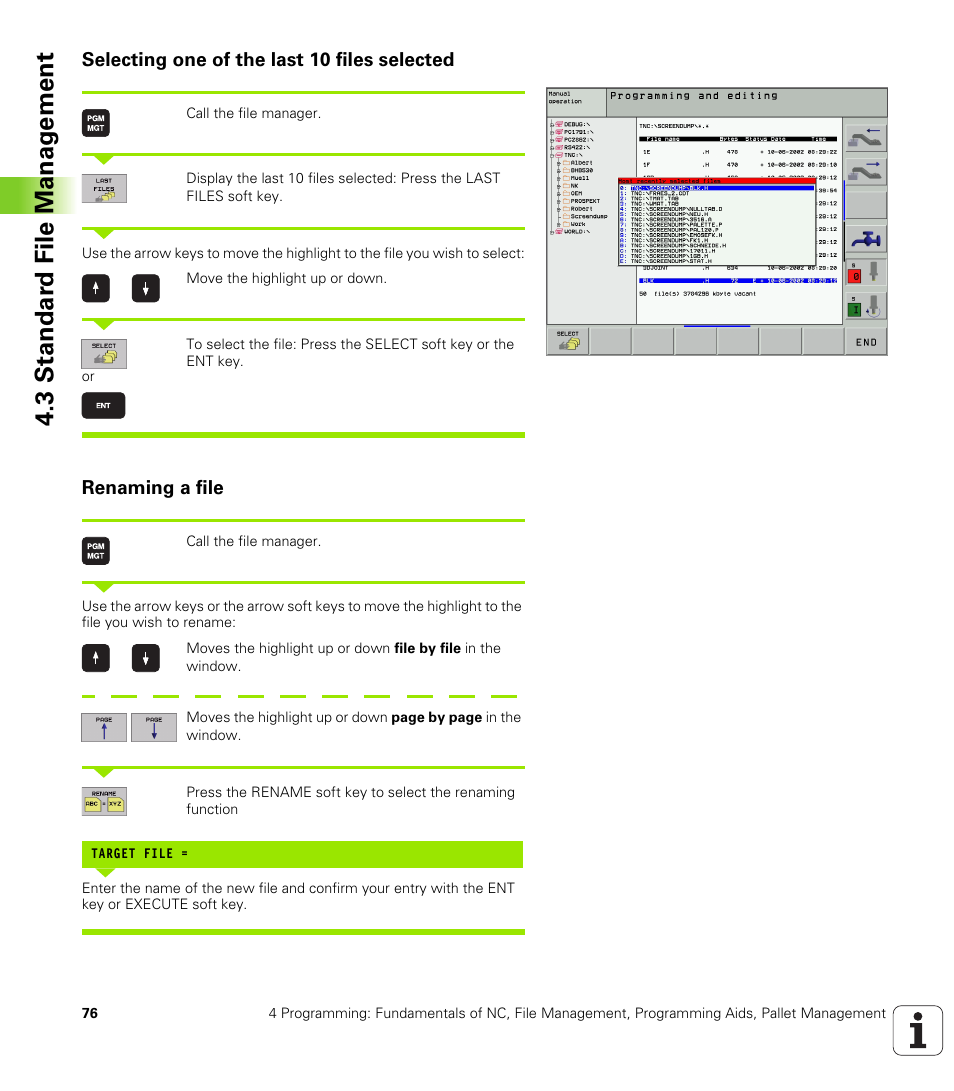 Selecting one of the last 10 files selected, Renaming a file, 3 standar d file manag e ment | HEIDENHAIN iTNC 530 (340 420) ISO programming User Manual | Page 76 / 505