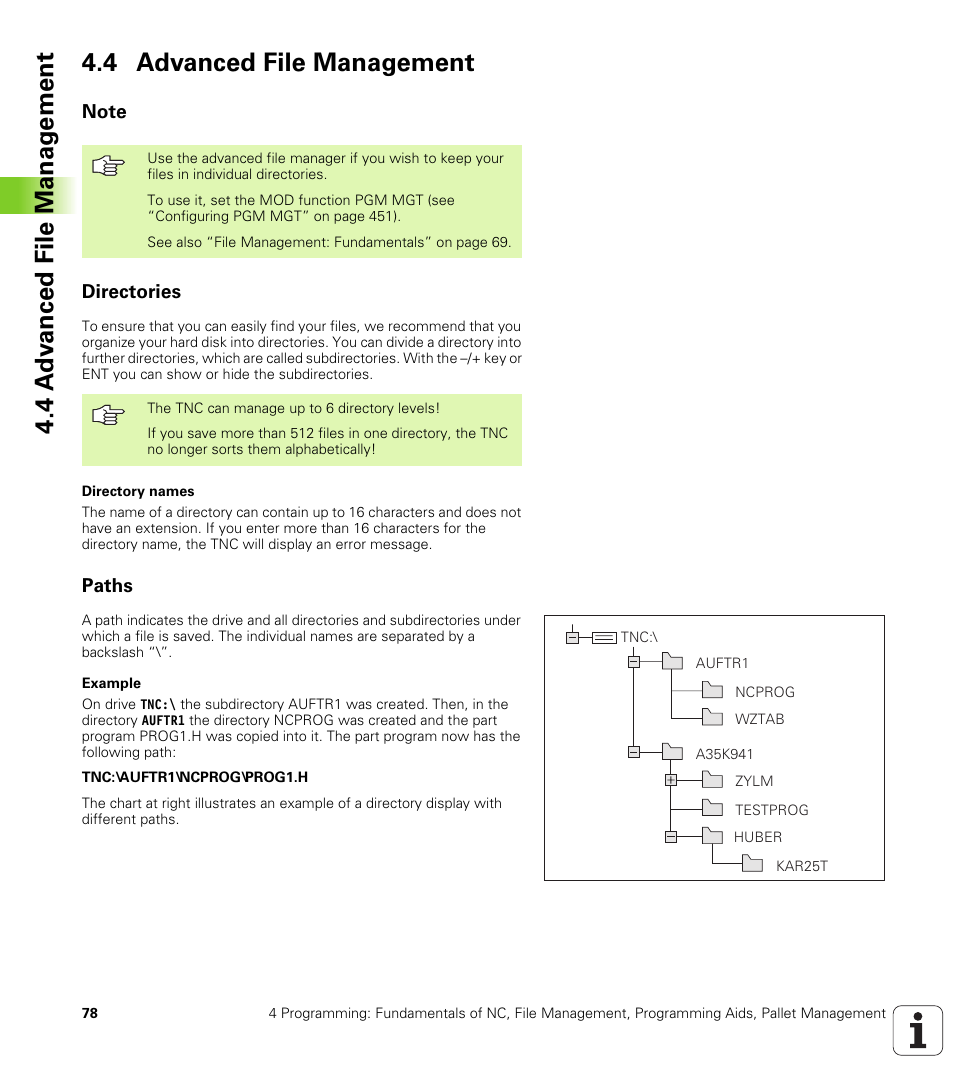 4 advanced file management, Note, Directories | Paths | HEIDENHAIN iTNC 530 (340 420) ISO programming User Manual | Page 78 / 505