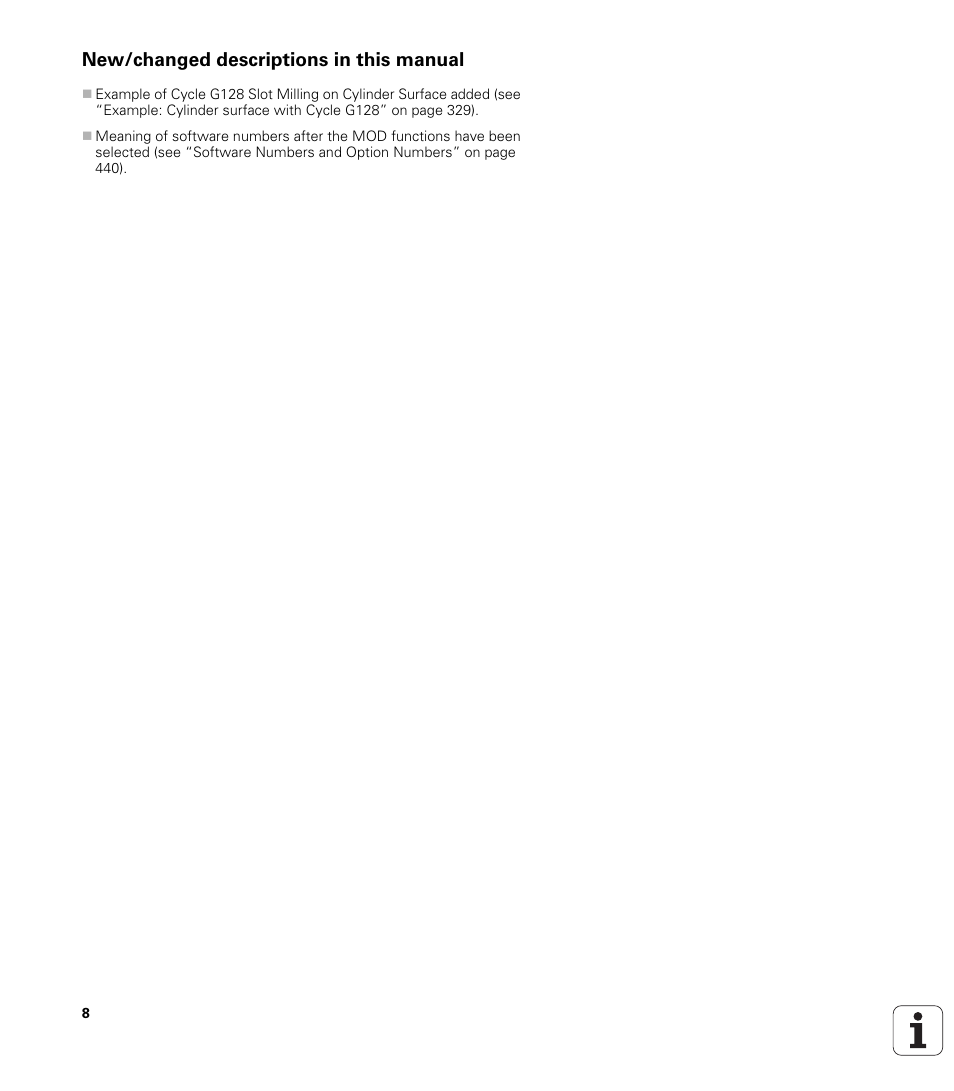 New/changed descriptions in this manual | HEIDENHAIN iTNC 530 (340 420) ISO programming User Manual | Page 8 / 505