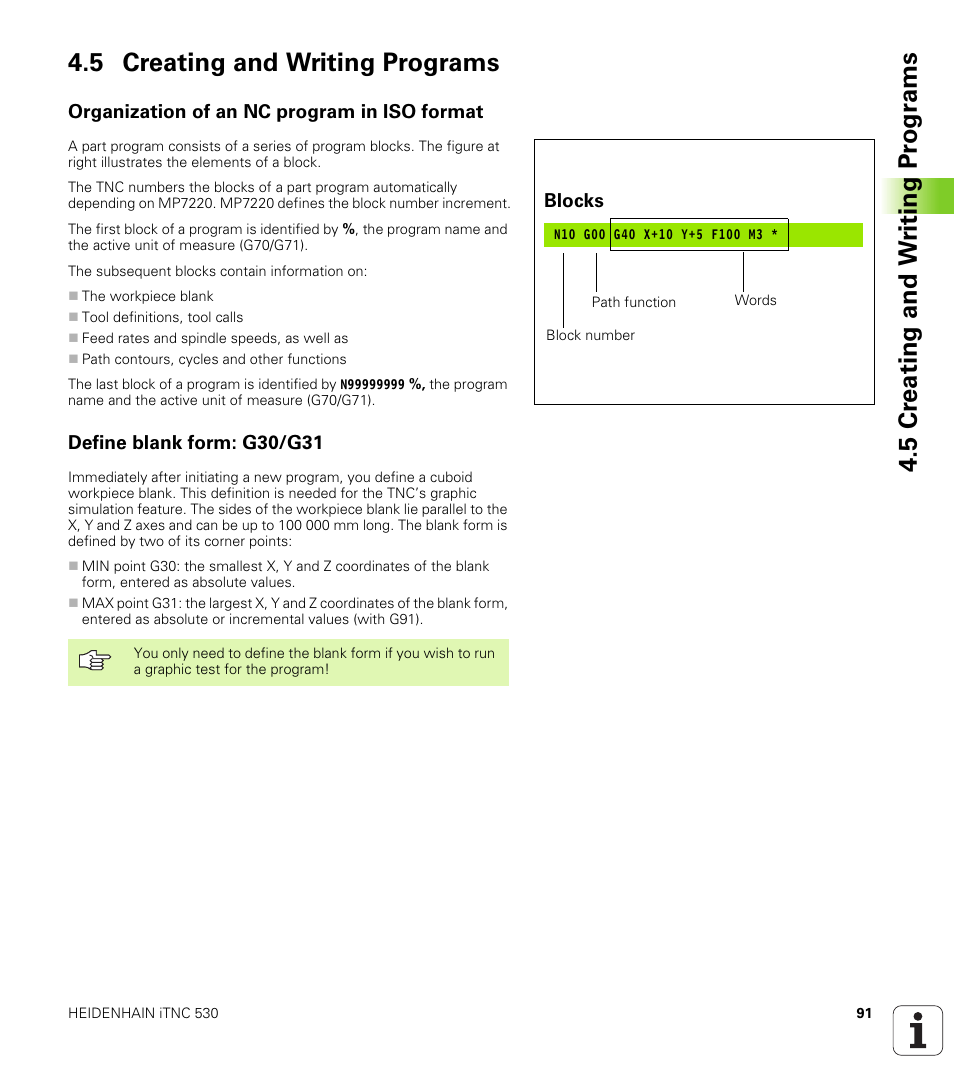 5 creating and writing programs, Organization of an nc program in iso format, Define blank form: g30/g31 | Define blank form | HEIDENHAIN iTNC 530 (340 420) ISO programming User Manual | Page 91 / 505