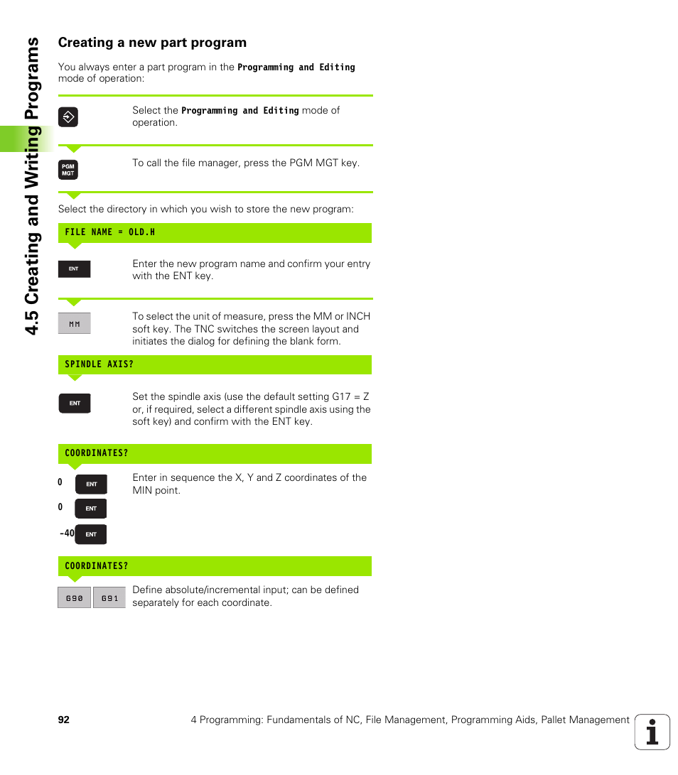 Creating a new part program, 5 cr eating and w riting pr ogr a ms | HEIDENHAIN iTNC 530 (340 420) ISO programming User Manual | Page 92 / 505