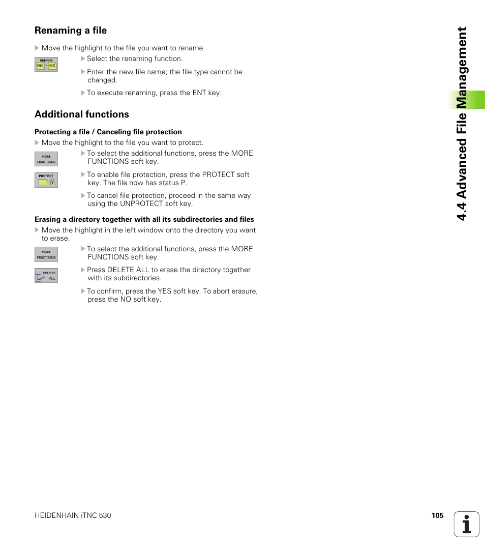 Renaming a file, Additional functions, Protect a file against editing and erasure | Cancel file protection | HEIDENHAIN iTNC 530 (340 422) User Manual | Page 105 / 657