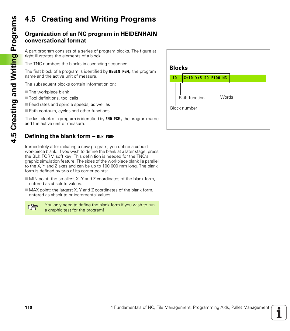 5 creating and writing programs, Defining the blank form - blk form, Defining the blank form | HEIDENHAIN iTNC 530 (340 422) User Manual | Page 110 / 657
