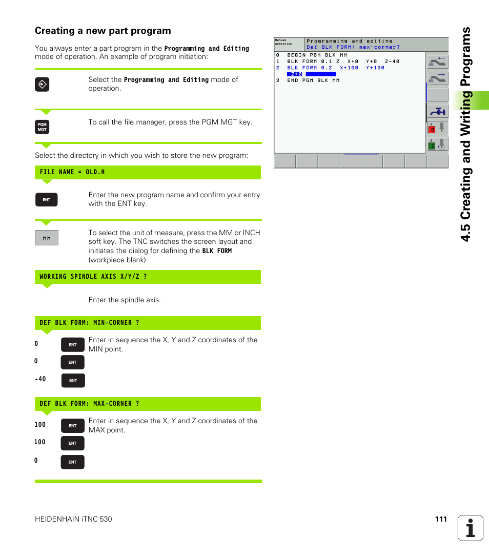 Creating a new part program, 5 cr eating and w riting pr ogr a ms | HEIDENHAIN iTNC 530 (340 422) User Manual | Page 111 / 657