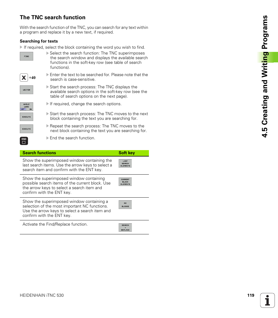 The tnc search function, 5 cr eating and w riting pr ogr a ms | HEIDENHAIN iTNC 530 (340 422) User Manual | Page 119 / 657