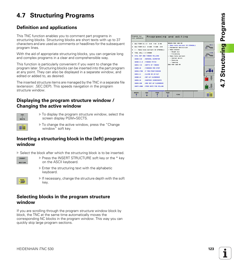 7 structuring programs, Definition and applications, Selecting blocks in the program structure window | HEIDENHAIN iTNC 530 (340 422) User Manual | Page 123 / 657