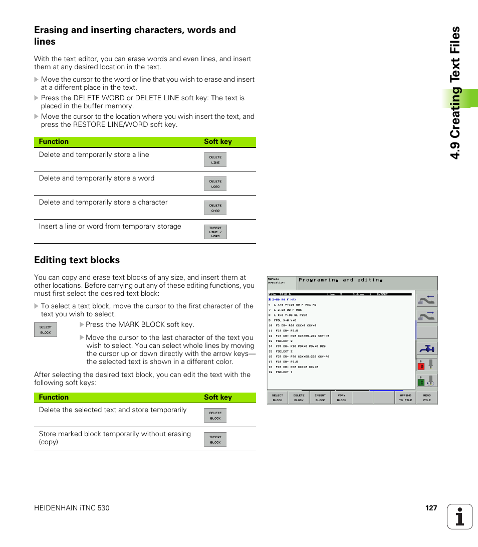 Erasing and inserting characters, words and lines, Editing text blocks, 9 cr eating t ext files | HEIDENHAIN iTNC 530 (340 422) User Manual | Page 127 / 657