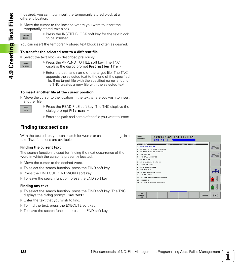 Finding text sections, 9 cr eating t ext files | HEIDENHAIN iTNC 530 (340 422) User Manual | Page 128 / 657
