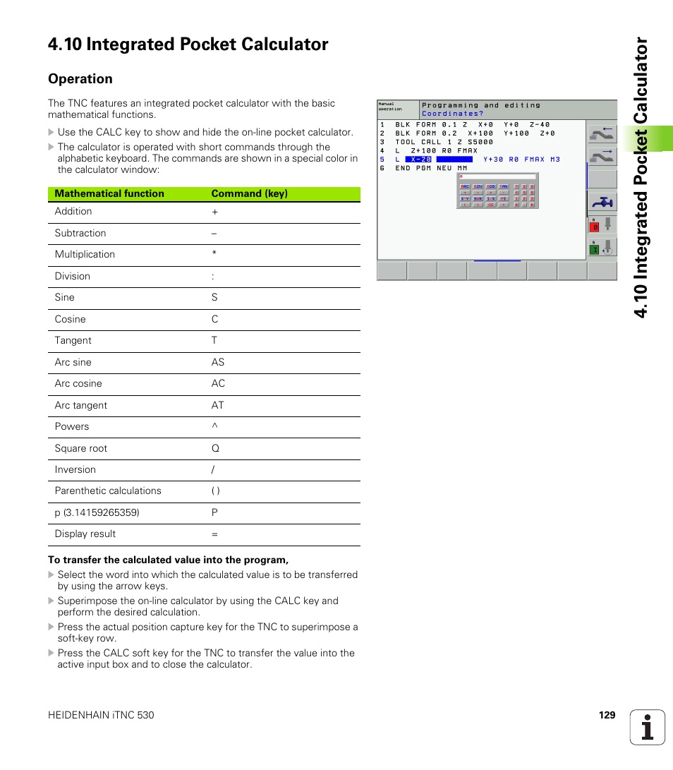10 integrated pocket calculator, Operation | HEIDENHAIN iTNC 530 (340 422) User Manual | Page 129 / 657