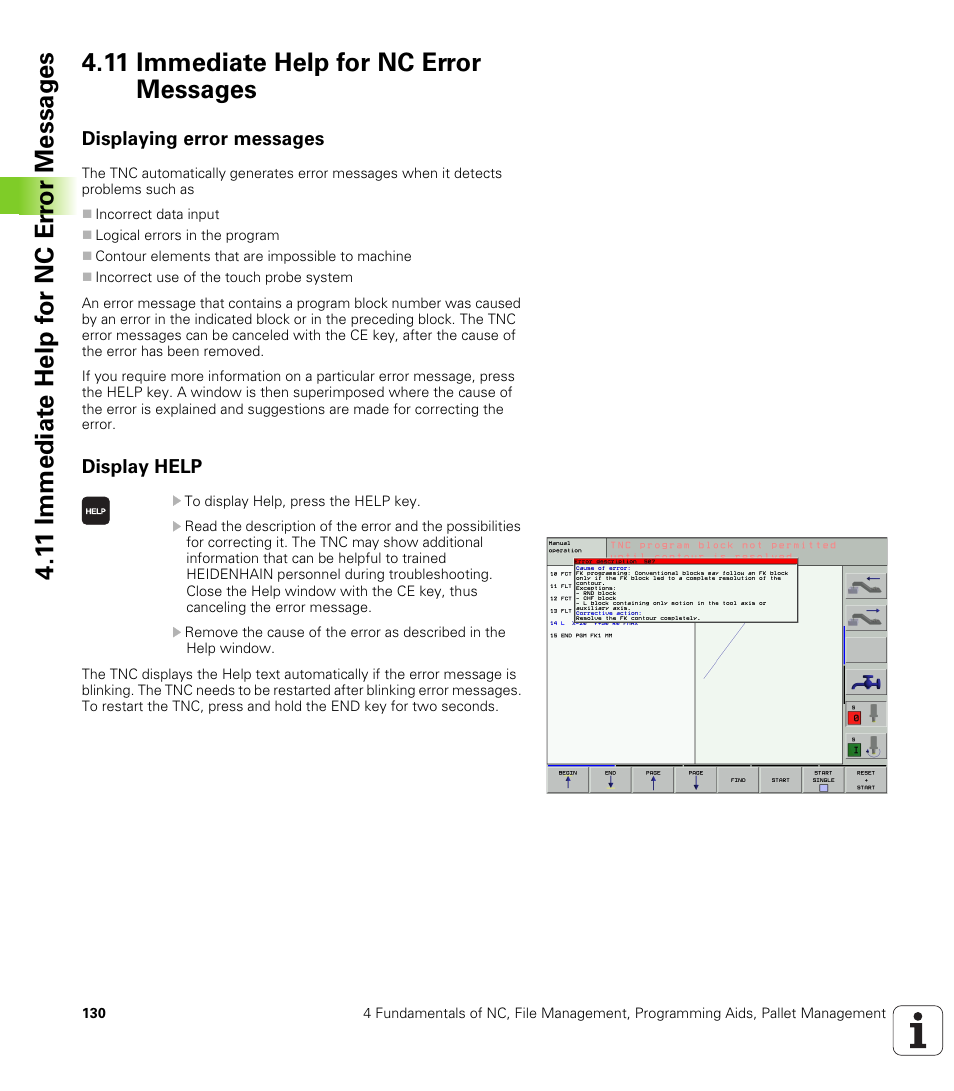 11 immediate help for nc error messages, Displaying error messages, Display help | HEIDENHAIN iTNC 530 (340 422) User Manual | Page 130 / 657