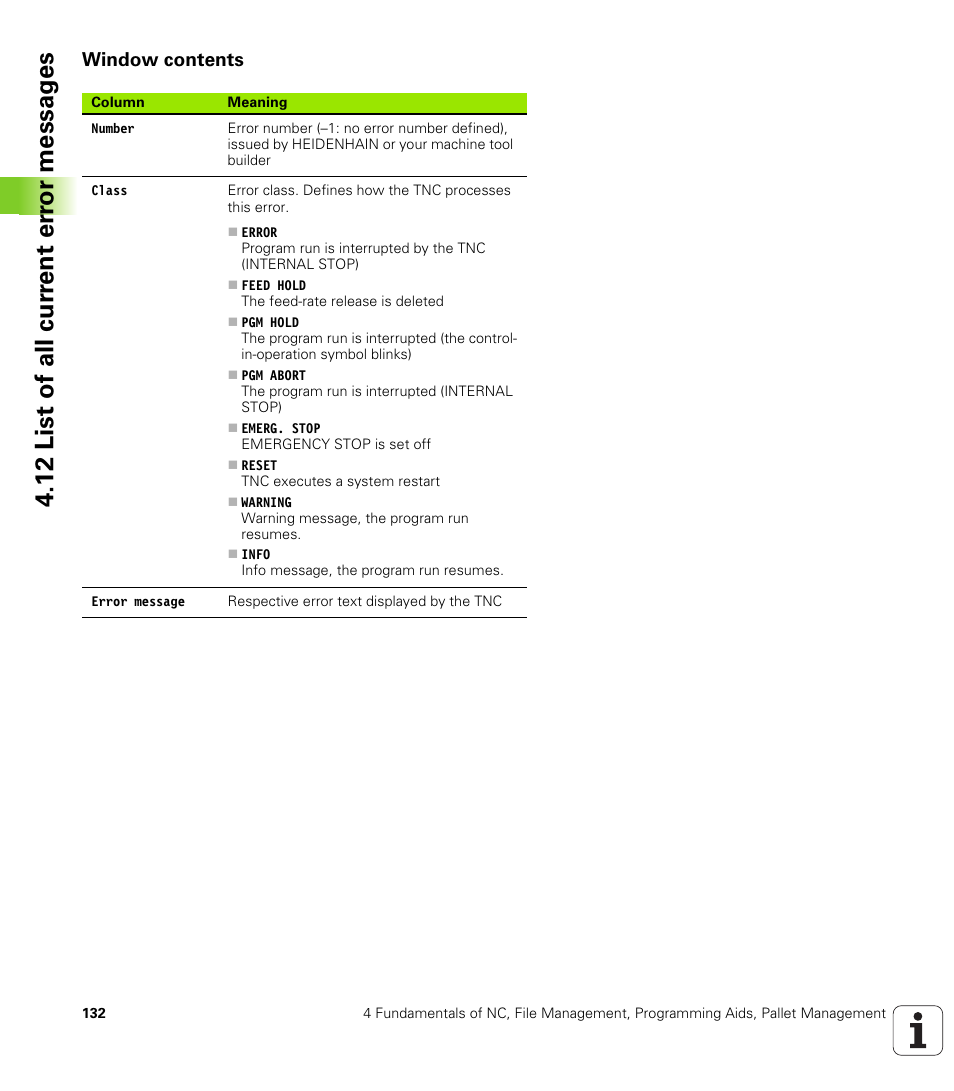 Window contents, 12 list of all cur rent er ro r messag es | HEIDENHAIN iTNC 530 (340 422) User Manual | Page 132 / 657