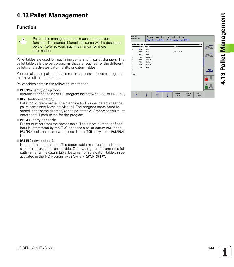 13 pallet management, Function | HEIDENHAIN iTNC 530 (340 422) User Manual | Page 133 / 657