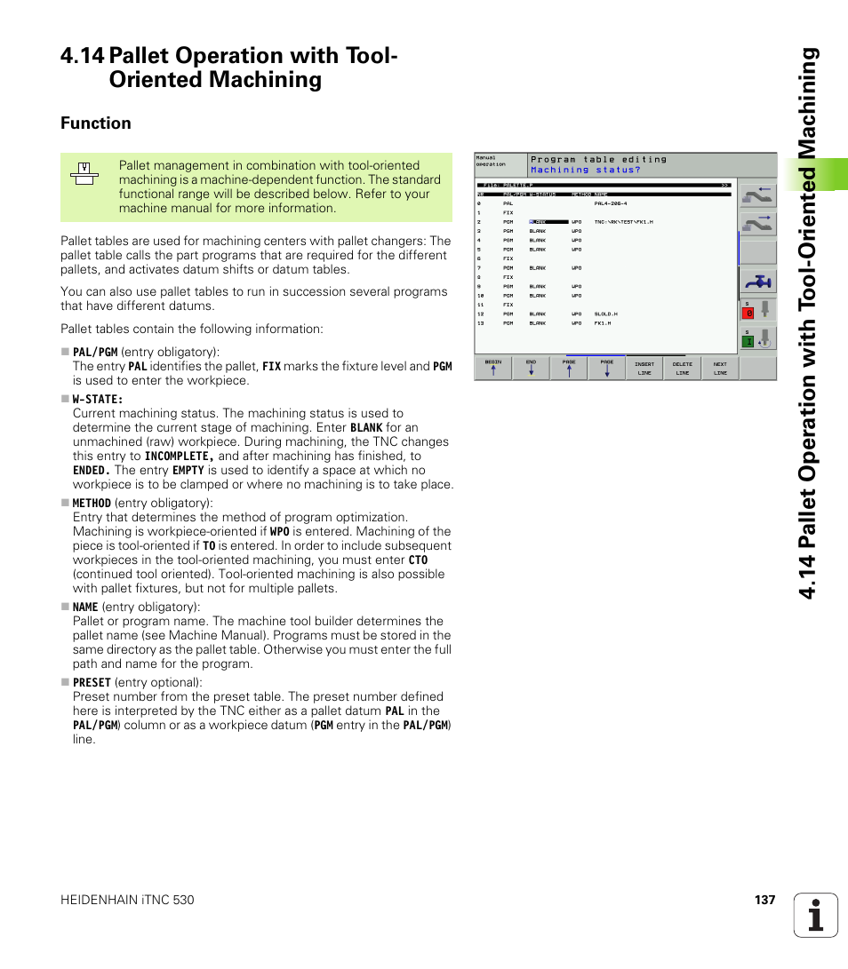 14 pallet operation with tool- oriented machining, Function, 14 pallet operation with tool-oriented machining | HEIDENHAIN iTNC 530 (340 422) User Manual | Page 137 / 657