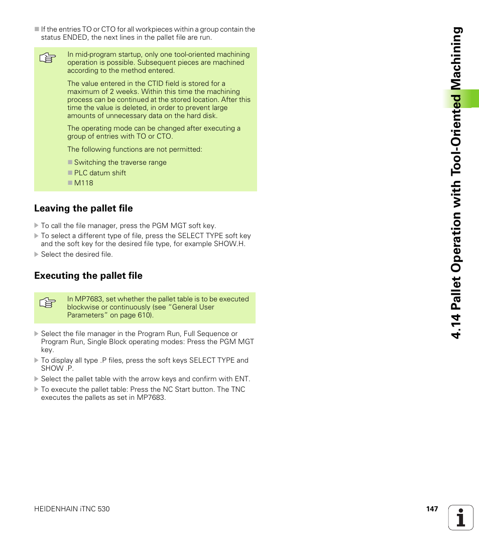 Leaving the pallet file, Executing the pallet file | HEIDENHAIN iTNC 530 (340 422) User Manual | Page 147 / 657