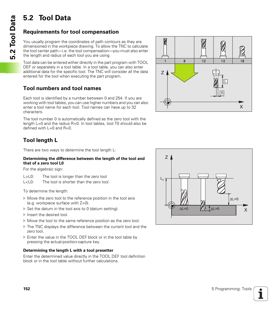 2 tool data, Requirements for tool compensation, Tool numbers and tool names | Tool length l, 2 t ool d a ta 5.2 tool data | HEIDENHAIN iTNC 530 (340 422) User Manual | Page 152 / 657