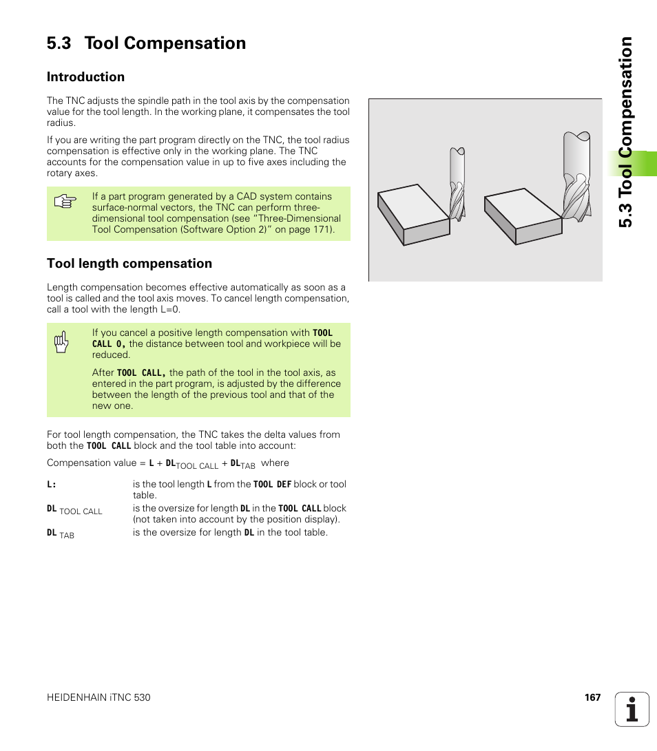 3 tool compensation, Introduction, Tool length compensation | 3 t ool compensation 5.3 tool compensation | HEIDENHAIN iTNC 530 (340 422) User Manual | Page 167 / 657