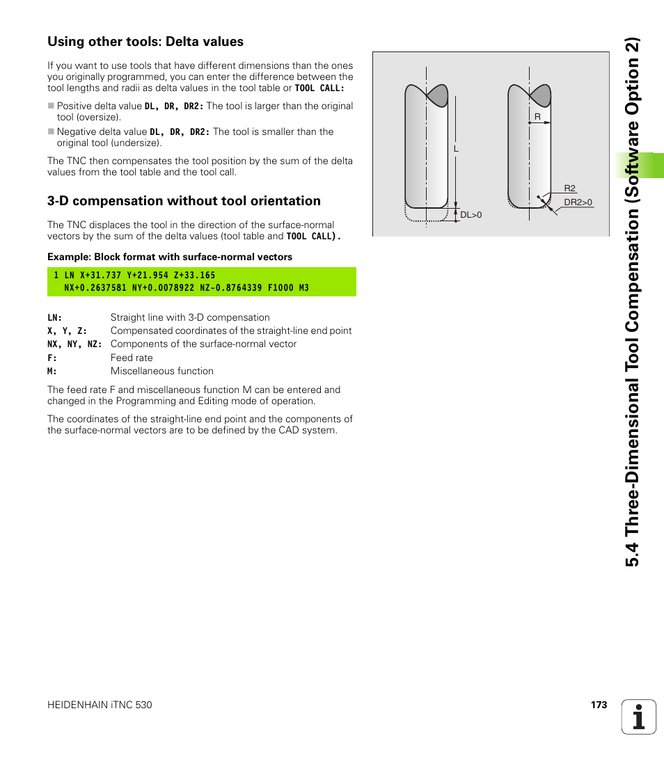 Using other tools: delta values, D compensation without tool orientation | HEIDENHAIN iTNC 530 (340 422) User Manual | Page 173 / 657