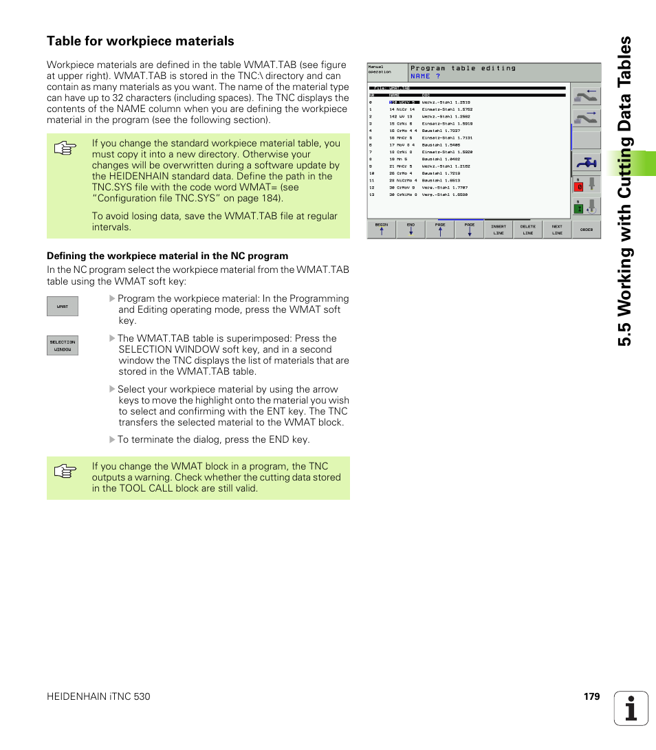 Table for workpiece materials, 5 w o rk ing with cut ting d a ta t a bles | HEIDENHAIN iTNC 530 (340 422) User Manual | Page 179 / 657