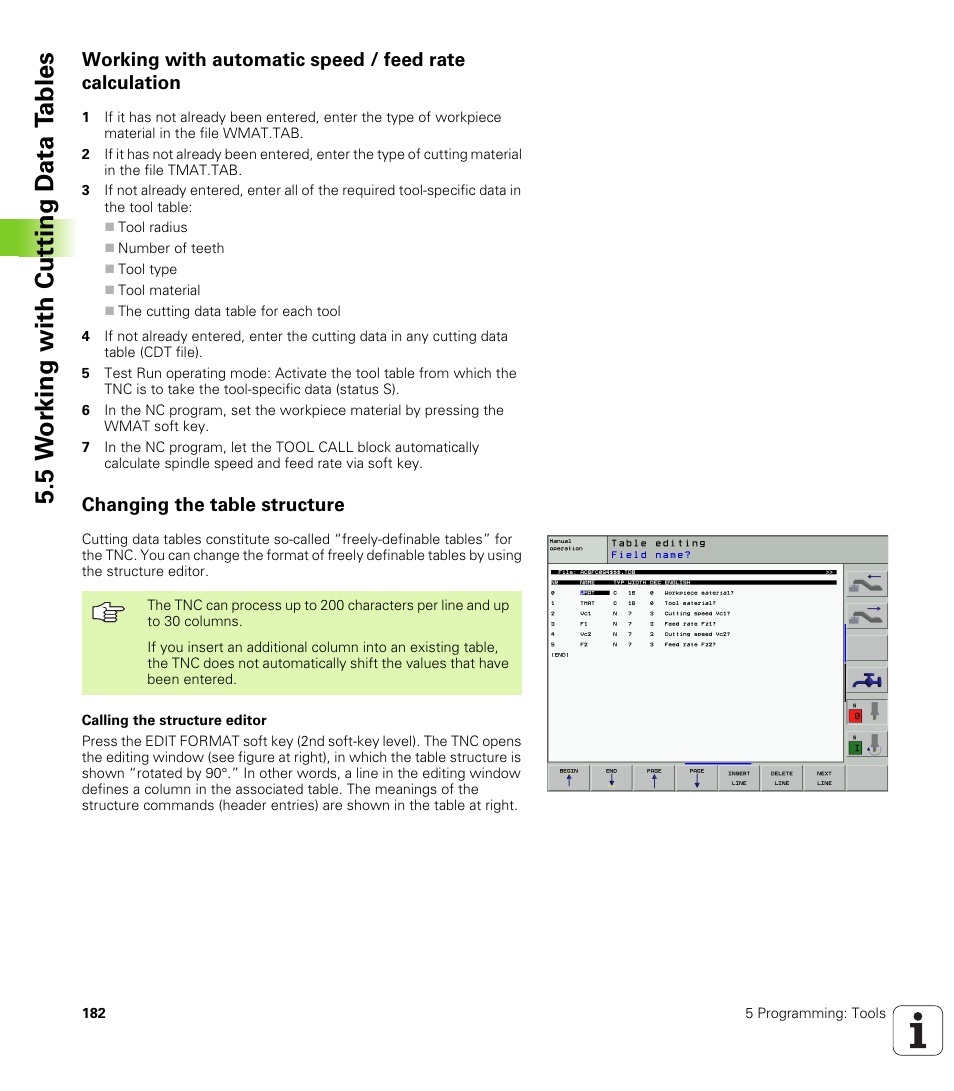 Changing the table structure, 5 w o rk ing with cut ting d a ta t a bles | HEIDENHAIN iTNC 530 (340 422) User Manual | Page 182 / 657