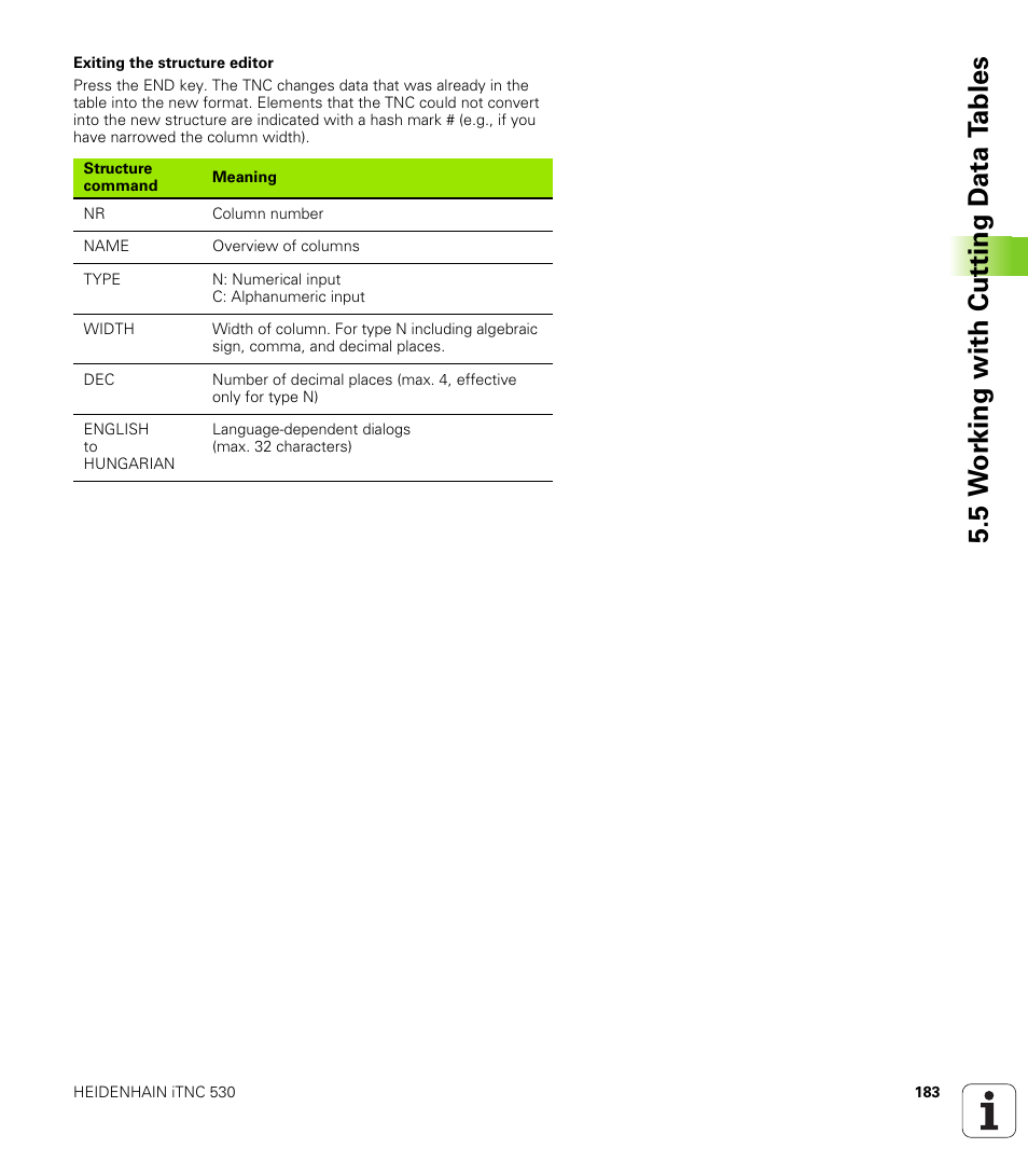 5 w o rk ing with cut ting d a ta t a bles | HEIDENHAIN iTNC 530 (340 422) User Manual | Page 183 / 657