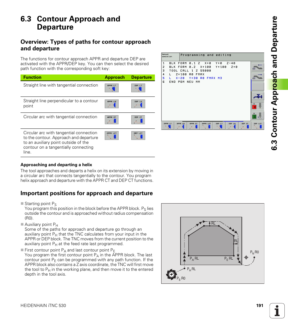 3 contour approach and departure, Important positions for approach and departure | HEIDENHAIN iTNC 530 (340 422) User Manual | Page 191 / 657