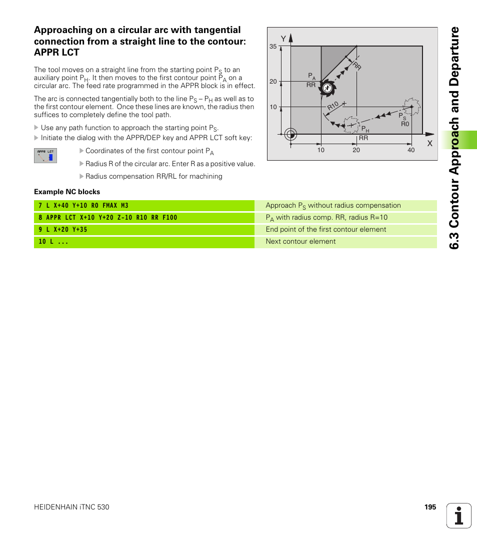 3 cont our appr oac h and depar tur e | HEIDENHAIN iTNC 530 (340 422) User Manual | Page 195 / 657