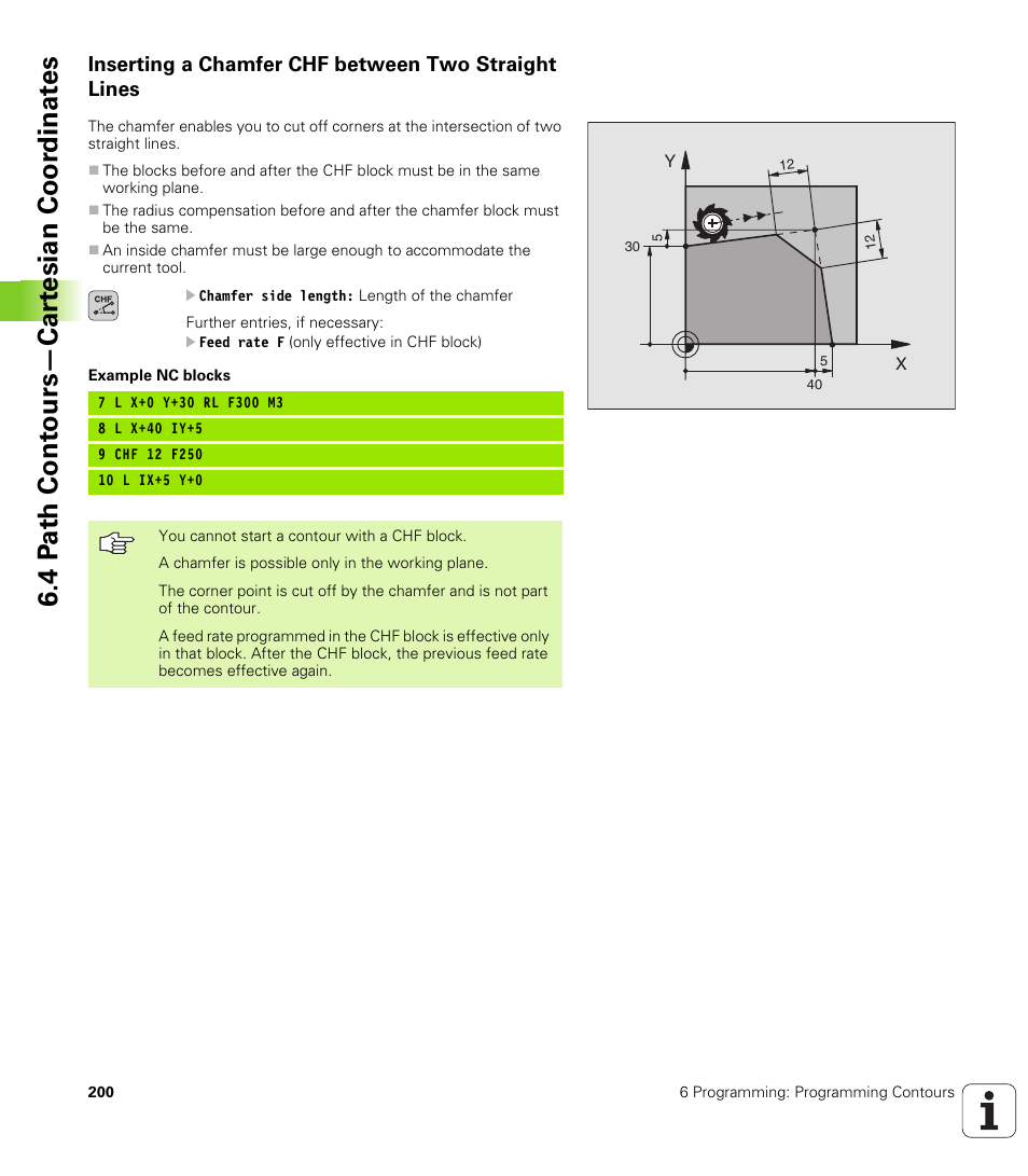 Inserting a chamfer chf between two straight lines, Chamfer chf, Chamfer between two straight lines | Chamfer side length, 4 p a th cont ours—car te sian coor dinat e s | HEIDENHAIN iTNC 530 (340 422) User Manual | Page 200 / 657