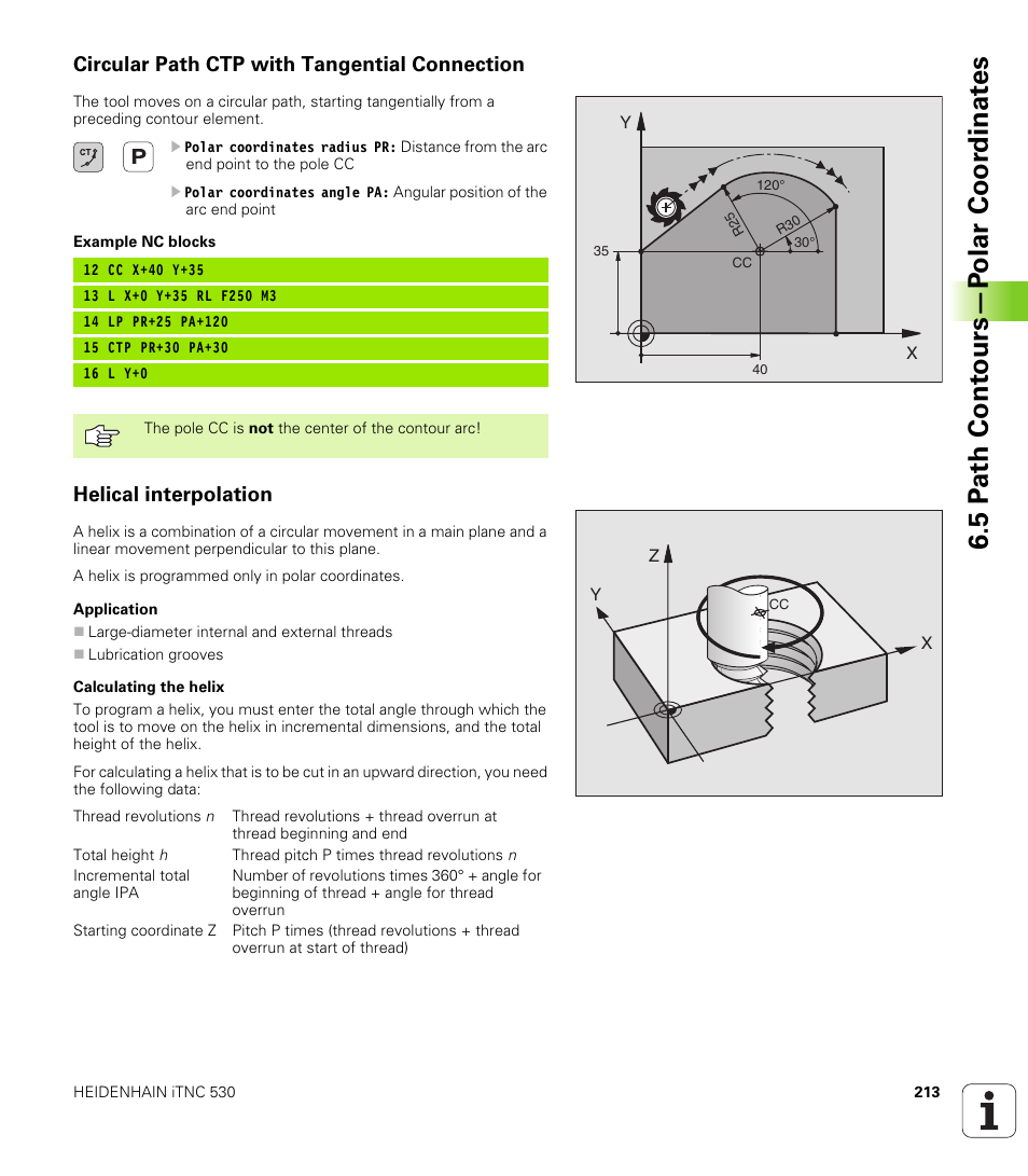 Circular path ctp with tangential connection, Helical interpolation, Circular arc ctp | Polar radius, polar angle of the arc end point, Combination of a circular and a linear movement, 5 p a th cont ours—p o lar coor dinat e s | HEIDENHAIN iTNC 530 (340 422) User Manual | Page 213 / 657