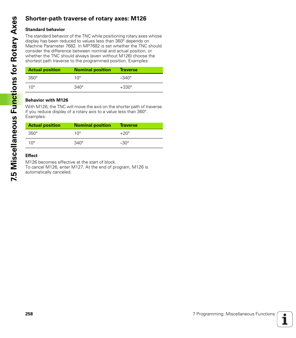 Shorter-path traverse of rotary axes: m126 | HEIDENHAIN iTNC 530 (340 422) User Manual | Page 258 / 657