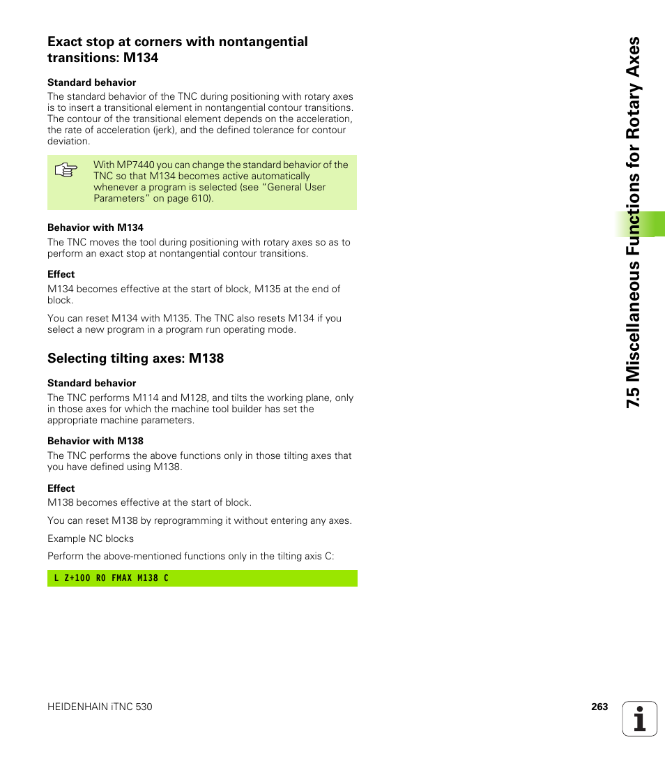 Selecting tilting axes: m138 | HEIDENHAIN iTNC 530 (340 422) User Manual | Page 263 / 657