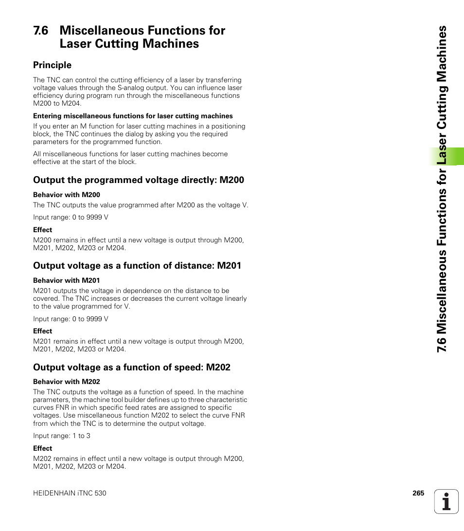Principle, Output the programmed voltage directly: m200, Output voltage as a function of distance: m201 | Output voltage as a function of speed: m202 | HEIDENHAIN iTNC 530 (340 422) User Manual | Page 265 / 657