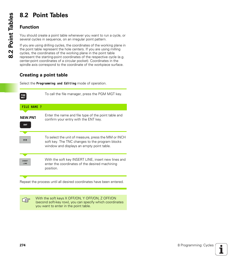 2 point tables, Function, Creating a point table | 2 p o int t a bles 8.2 point tables | HEIDENHAIN iTNC 530 (340 422) User Manual | Page 274 / 657