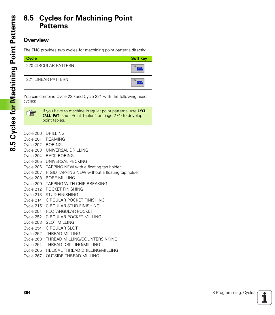 5 cycles for machining point patterns, Overview | HEIDENHAIN iTNC 530 (340 422) User Manual | Page 364 / 657