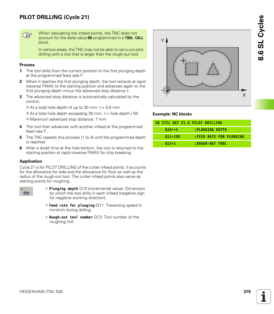 Pilot drilling (cycle 21), 21 pilot drilling (optional), 6 sl cy cles | HEIDENHAIN iTNC 530 (340 422) User Manual | Page 379 / 657