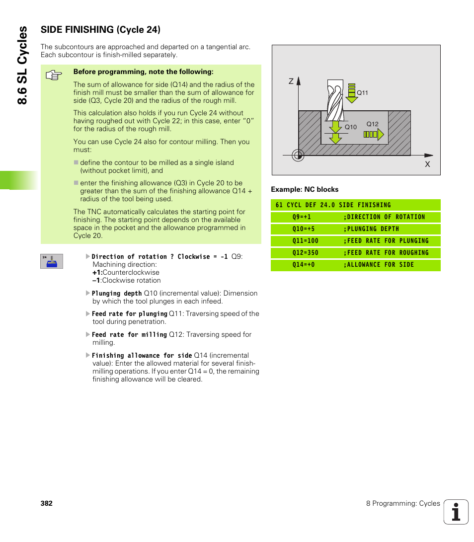 Side finishing (cycle 24), 24 side finishing (optional), 6 sl cy cles | HEIDENHAIN iTNC 530 (340 422) User Manual | Page 382 / 657