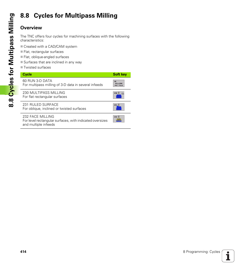 8 cycles for multipass milling, Overview | HEIDENHAIN iTNC 530 (340 422) User Manual | Page 414 / 657