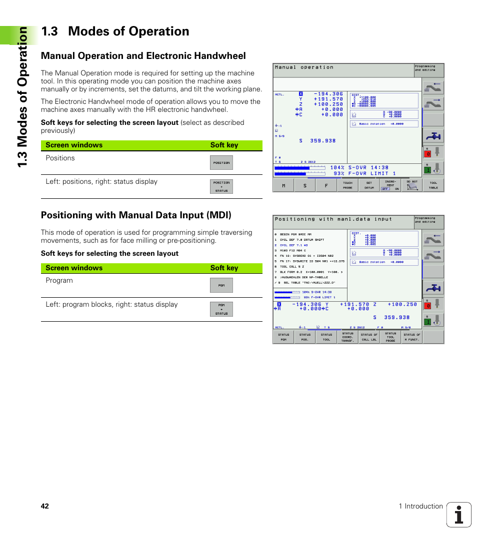 3 modes of operation, Manual operation and electronic handwheel, Positioning with manual data input (mdi) | 3 modes of oper ation 1.3 modes of operation | HEIDENHAIN iTNC 530 (340 422) User Manual | Page 42 / 657