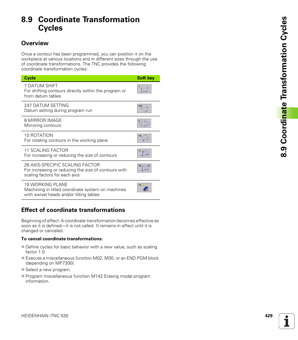 9 coordinate transformation cycles, Overview, Effect of coordinate transformations | HEIDENHAIN iTNC 530 (340 422) User Manual | Page 429 / 657