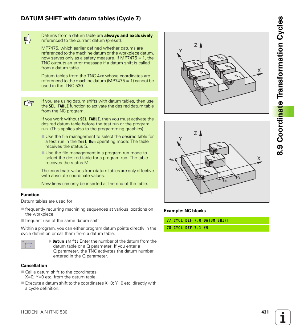 Datum shift with datum tables (cycle 7), 9 coor di na te t ra n s for m a ti on cy cle s | HEIDENHAIN iTNC 530 (340 422) User Manual | Page 431 / 657
