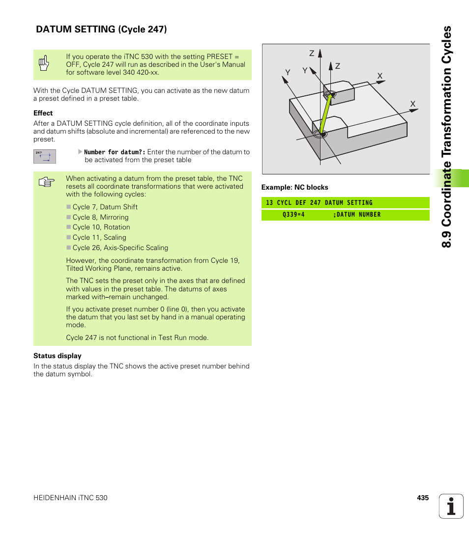 Datum setting (cycle 247), 247 datum setting datum setting during program run, 9 coor di na te t ra n s for m a ti on cy cle s | HEIDENHAIN iTNC 530 (340 422) User Manual | Page 435 / 657