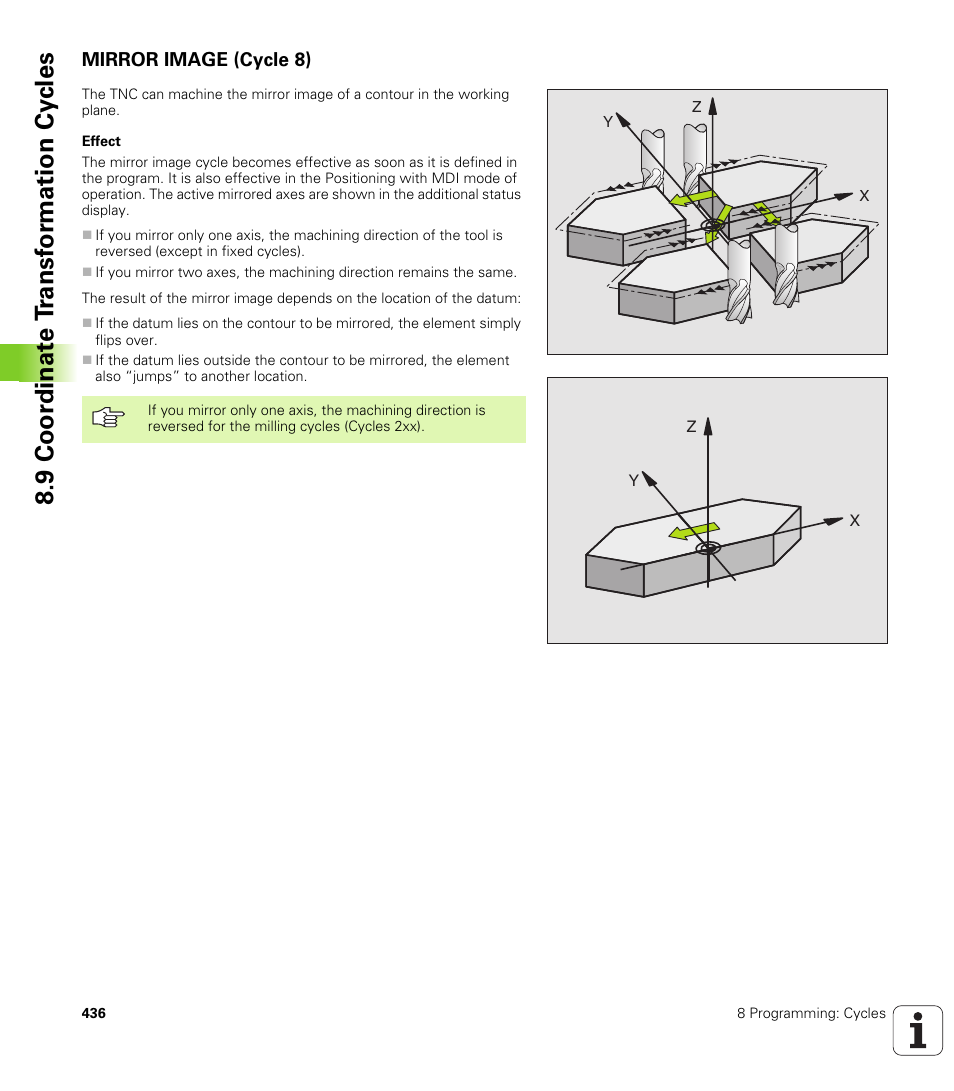 Mirror image (cycle 8), 8 mirror image mirroring contours, 9 coor di na te t ra n s for m a ti on cy cle s | HEIDENHAIN iTNC 530 (340 422) User Manual | Page 436 / 657