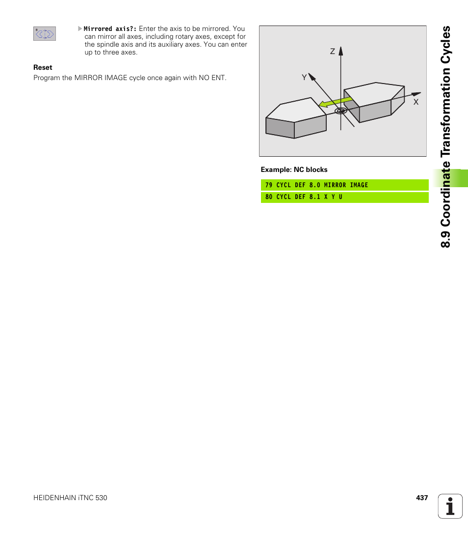 9 coor di na te t ra n s for m a ti on cy cle s | HEIDENHAIN iTNC 530 (340 422) User Manual | Page 437 / 657