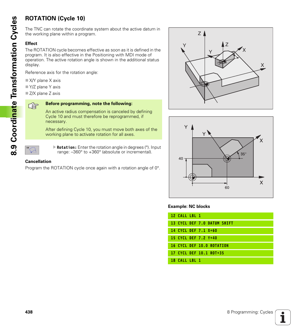 Rotation (cycle 10), 9 coor di na te t ra n s for m a ti on cy cle s | HEIDENHAIN iTNC 530 (340 422) User Manual | Page 438 / 657